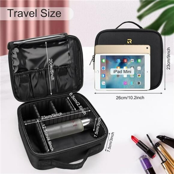 Relavel Travel Makeup Case Organizer Black Cosmetic Bag with Dividers Storage - Picture 5 of 7